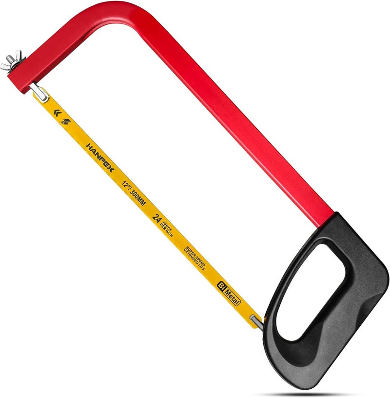Hanpex 12in. High-Tension Hacksaw Frame with 24 TPI Bi-metal Blade, Hand Saw Suitable for Metal, wood, PVC, Carpentry（Black Handle） - Image 1
